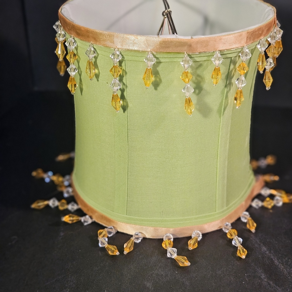 Vintage Victorian Style Green Fabric Lampshade with Amber & Clear Crystal Beaded